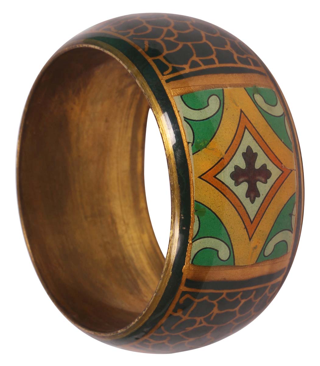 Round Broad Bangle - Traditional Motifs - Multicolored Exteriors & Dull Golden Finish Interiors - Handmade in Brass & Iron - Fashion Accessories - Unique Metal Jewelry - Buy in Bulk Wholesale